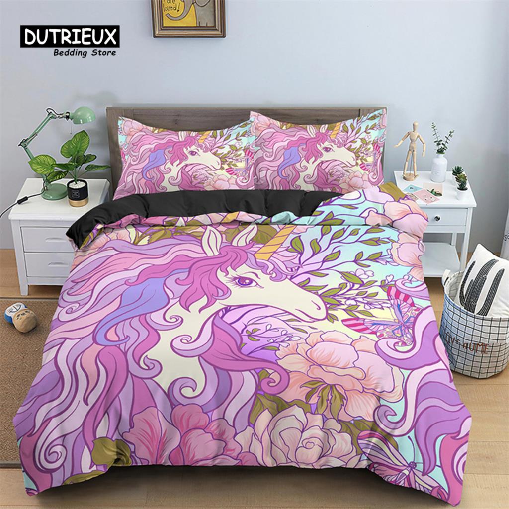 Girls Unicorn Flower Duvet Cover Cartoon Bedding Set Microfiber 3D Print Comforter Cover King Full For Kids Teen Bedroom Decor