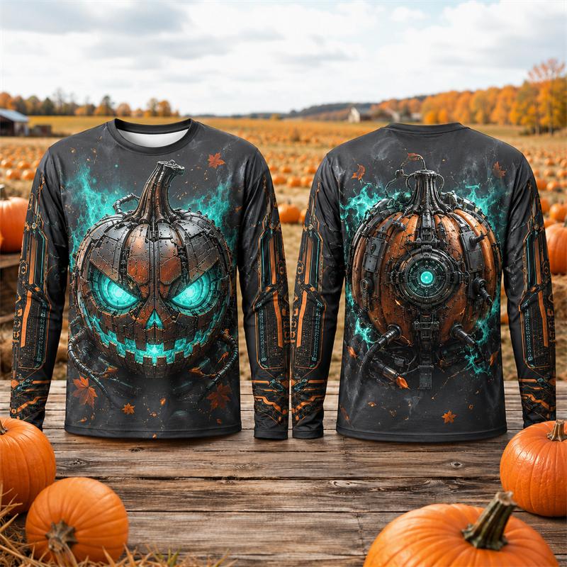 Halloween Long Sleeve T Shirt Men Mechanical Cyber Jack O Lantern Pumpkin 3D Print Flame Autumn Leaf Graphic Top Party Unisex