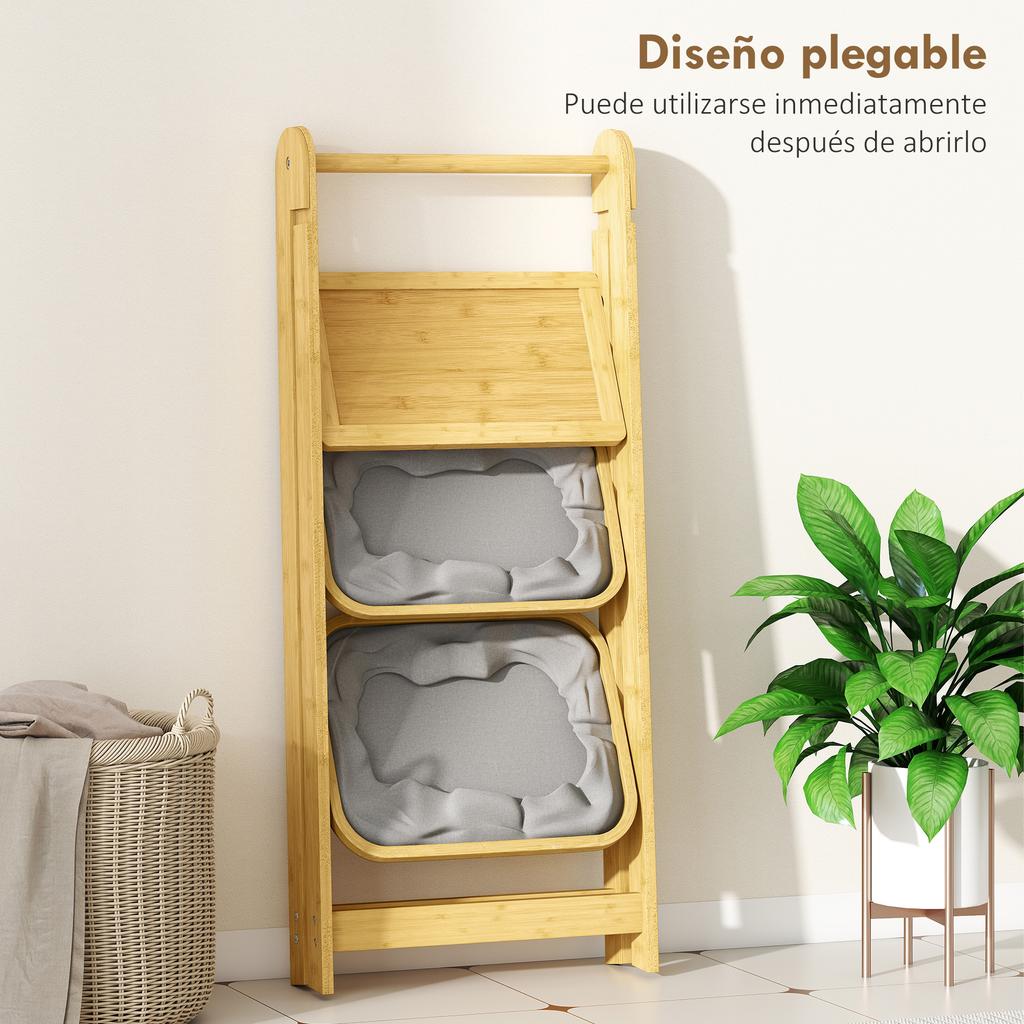 Folding Bamboo Bathroom Shelf with 2 Laundry Baskets Open Shelf Grey