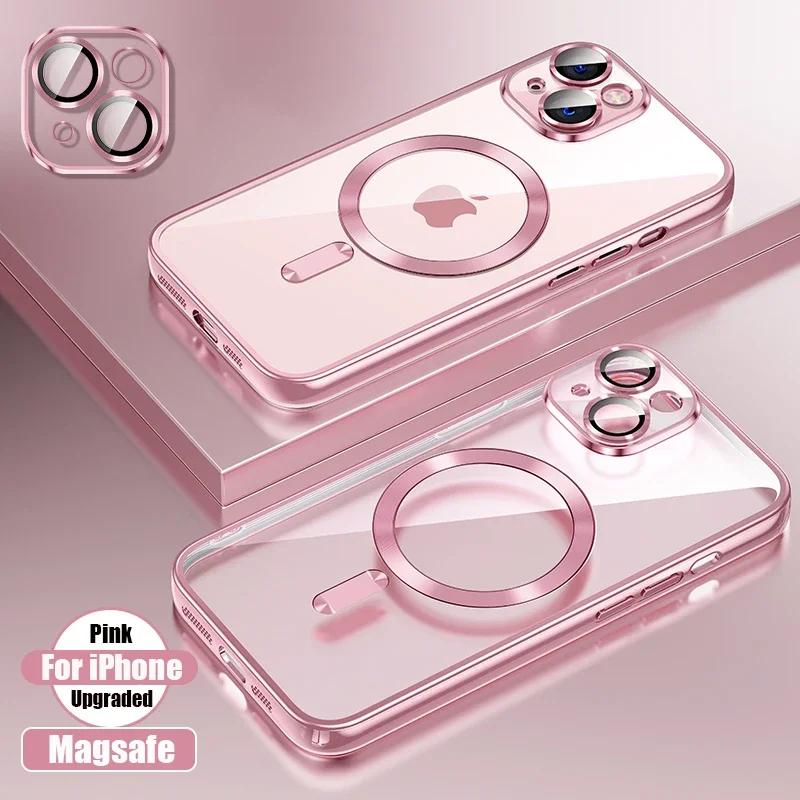 

Light Luxury Ultra Thin Clear Silicone Case for IPhone 17 16 15 14 Plus 13 12 Pro Max for MagSafe Lens Protect Pink Girls Cover iPhone 13 Pro Max рожевий