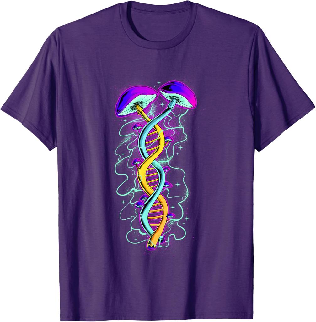 Psychedelic Mushroom DNA Double Helix Graphic Tee Men Casual Trip Breathable T-Shirt