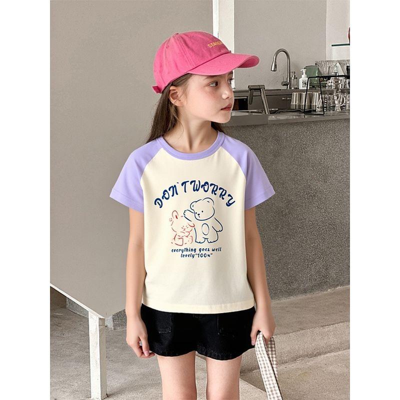 Foreign Trade Children's Clothing 2026 Summer New Style Girls' Cartoon Bear Korean Style Half-Sleeve Top Pure Cotton Round Neck Short-Sleeve T-Shirt