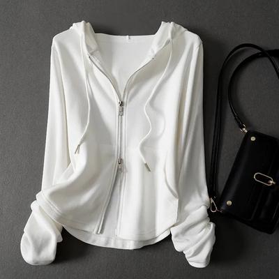 Women's White Hooded Zip-Up Jacket Soft Knit Lightweight Casual Cardigan