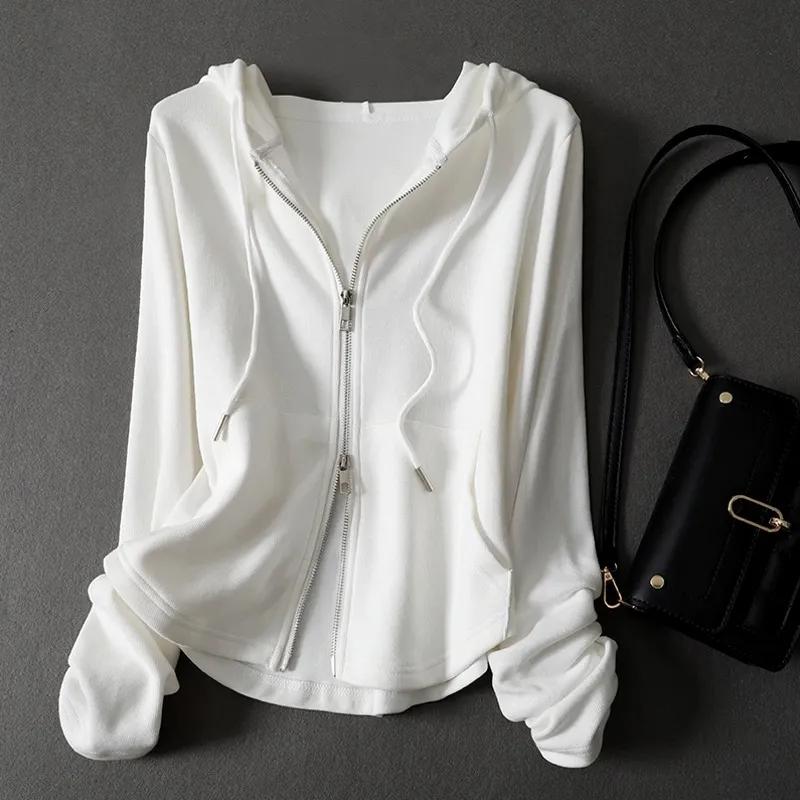

Women s White Hooded Zip-Up Jacket Soft Knit Lightweight Casual Cardigan L