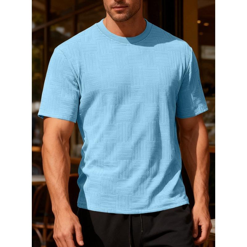 Men Geometric Textured Fabric Crew Neck Short Sleeve Casual Multiple Color Options T Shirt