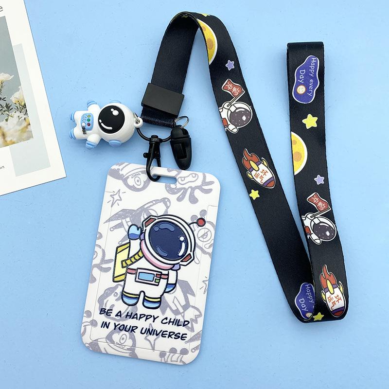 Women Men Work Card Cover White Astronaut Pattern Business Name Card Badge Holder Bus Access Guard Credit Card Case with Lanyard