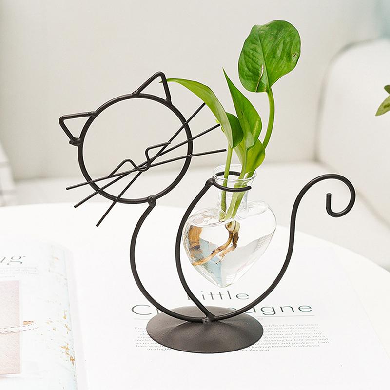 Creative Hydroponic Vase Simple Cat Iron Flower Machine Heart-Shaped Hydroponics Vase Creative Home Living Room Table Decor