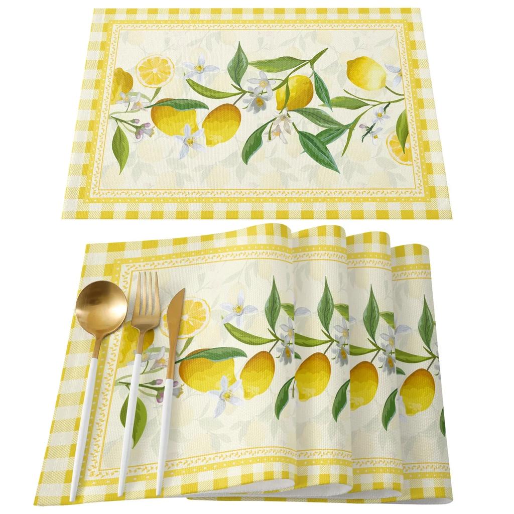1PC Lemon Idyllic Plaid Fruit Kitchen Dining Table Decor Accessories Placemat Heat Resistant Linen Tableware Pads Mats