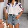 Nuova Maglietta Top alla Moda Ricamata Scollo a V Manica Lunga Collo Alto Primavera Estate