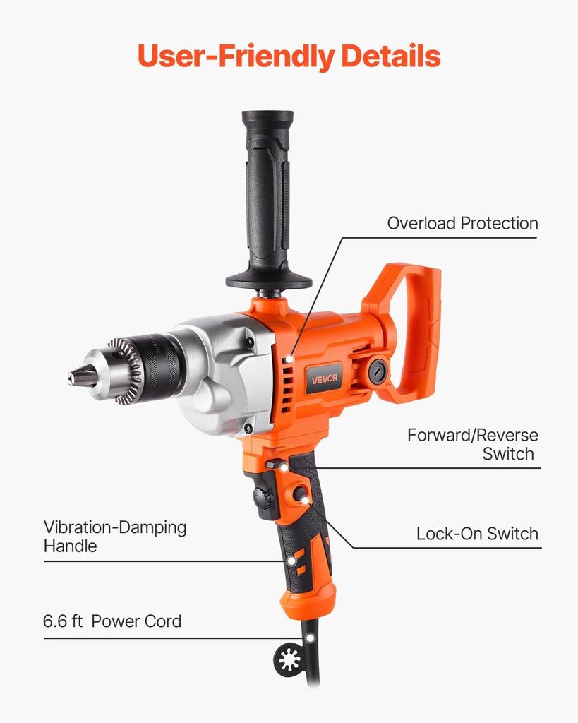 Drill Mixer, 12.7mm Corded Electric Drill Mixer Set, 0-850RPM 3.2A Mixing Drills, Mixing Drills Machine with D-Handle for Drilling & Blending,