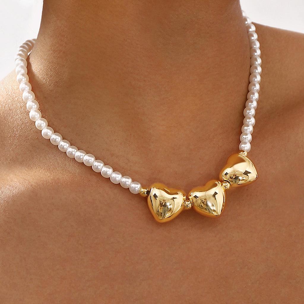 Tooxika Baroque Imitation Pearl Heart Pendant Necklace Retro Court Style Summer Simple Collarbone Chain
