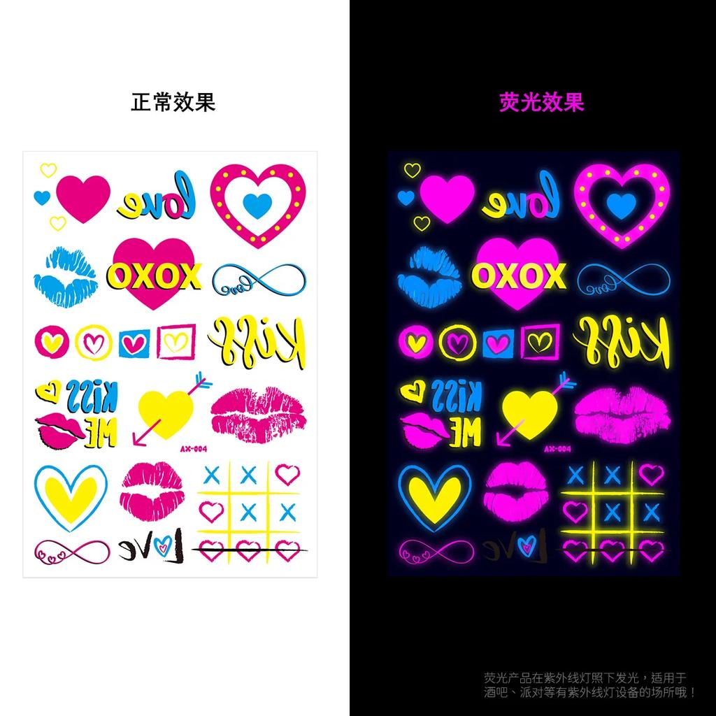 Luminous Temporary Tattoos Stickers Fluorescent Neon In Dark Illuminate Tattoo Elephant/Love Heart Shoulder Tattoo Party Sticker