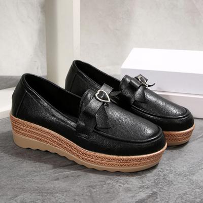 Platformowe buty muffin wiosna i jesień nowe miękka skóra mały obcas klinowy buty na płaskiej podeszwie styl brytyjski retro brązowe leniwe buty