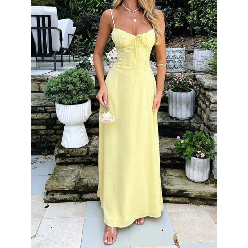 2024 Fashion Style Waist Trimming Spaghetti Straps Dress Women's Slim Fit Backless Long Dress Strap Dress