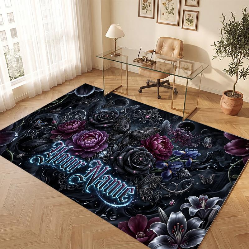 Floral Garden Theme Soft Crystal Velvet Rug Custom Name & Text Print Non Slip Floor Rug for Bedroom Living Room