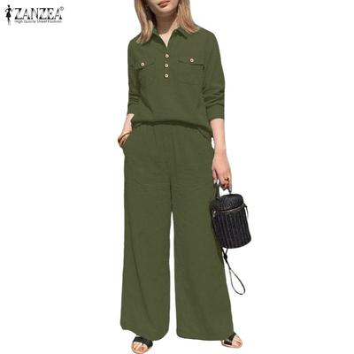Women Casual 3/4 Sleeve Collar Blouse and Pants Summer Two Piece Suit Sets