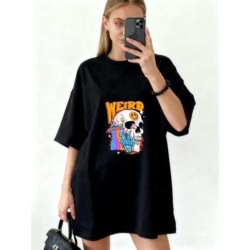 Oversized T Shirt Black Skull And Rainbow Design With Word WeirD Casual Streetwear For Women