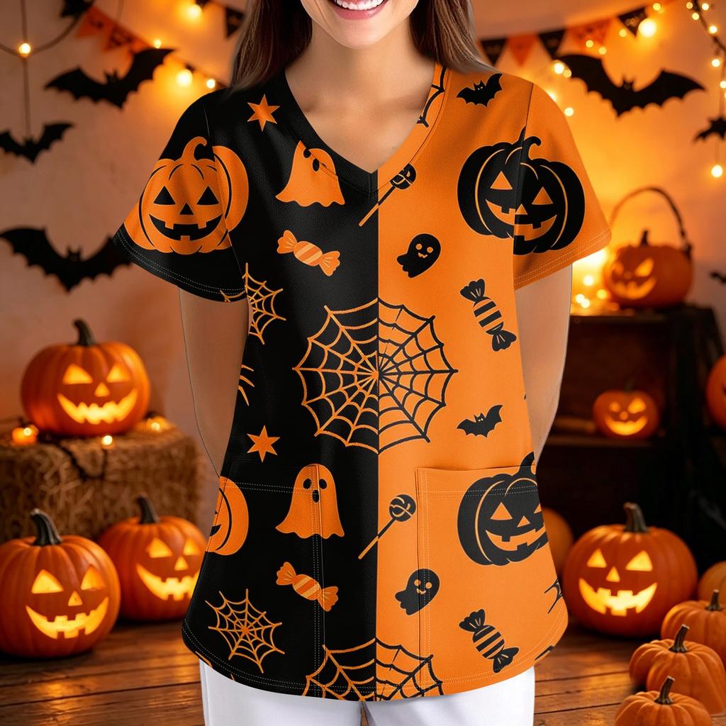 Women's Halloween Print Loose Fit V Neck Short Sleeve Medical Scrub Top with Pockets Comfortable Workwear for Healthcare Professionals