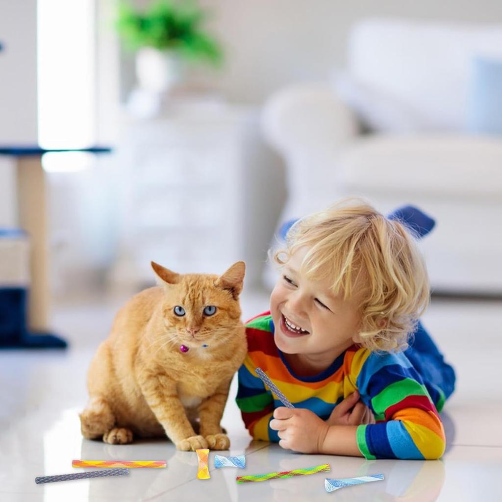 Andiker 10pcs Cat Tube Toy, 5.1inch Nylon Mesh Telescopic Folding Plastic Cat Spring Toy, Stylish Multi-Colored Cat Chew Toy, Interactive Cat Toys