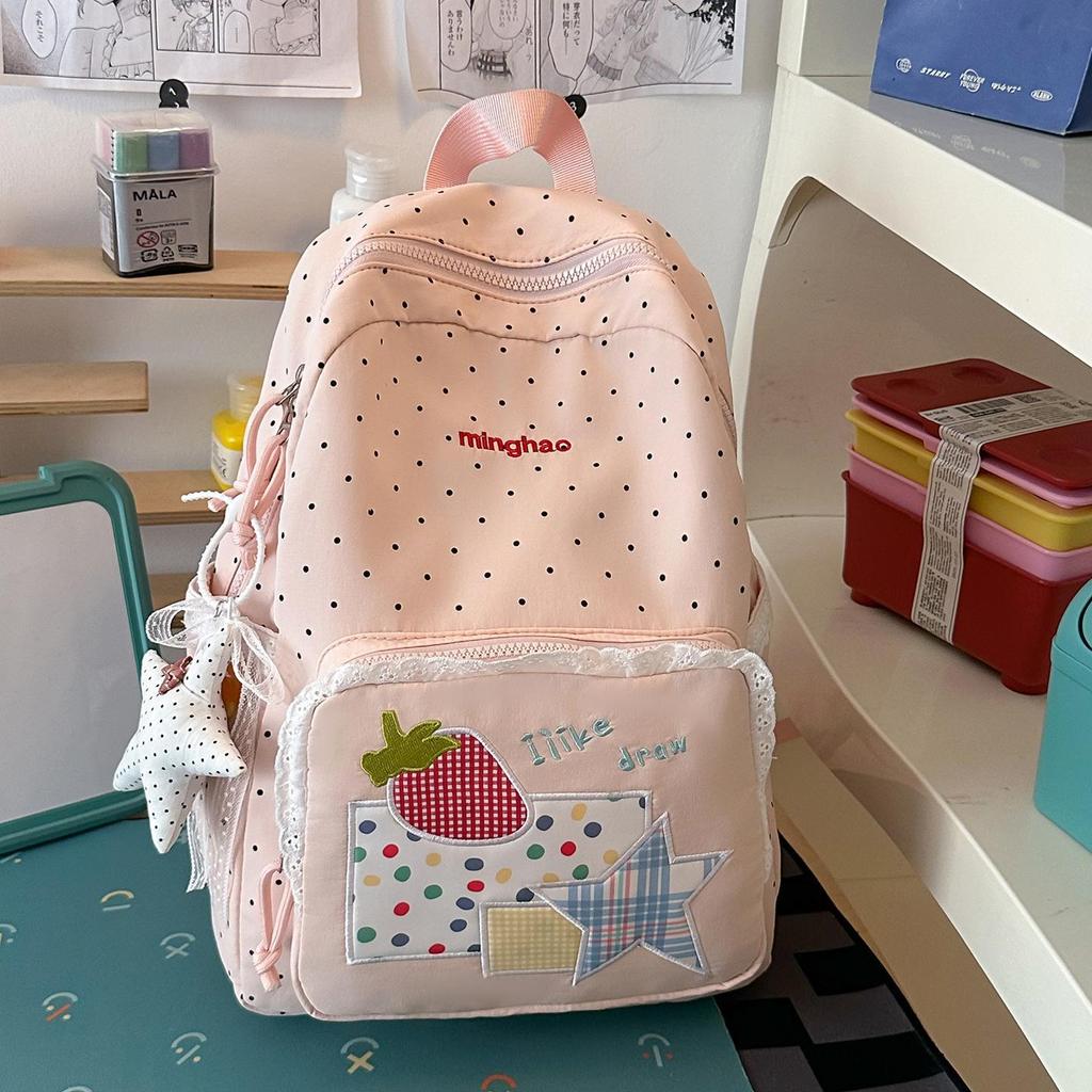 Schoolbag Fresh Milk Blue Wave Dot Strawberry Lace Backpack Sweet Healing Student Party Daily Shopping Backpack