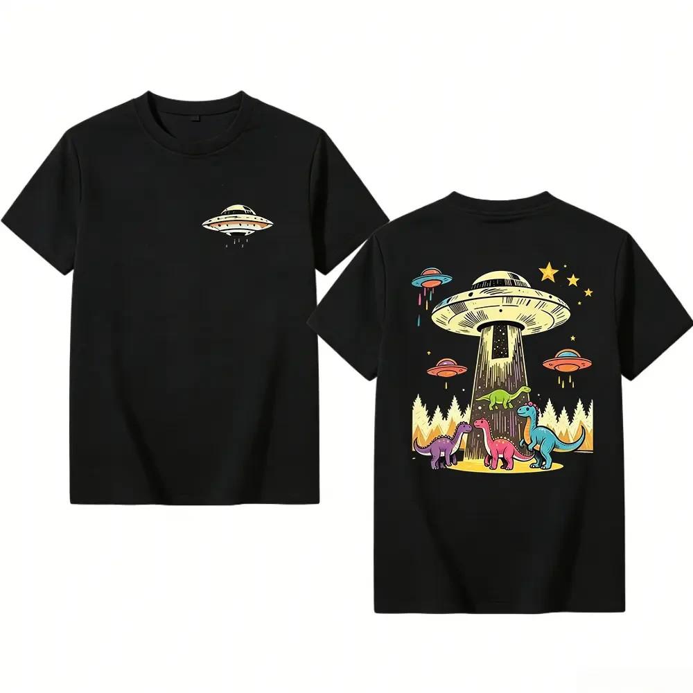 Oversized Vintage Sci‑Fi UFO‑Dinosaur Graphic Pure Cotton Unisex Crew T‑Shirt