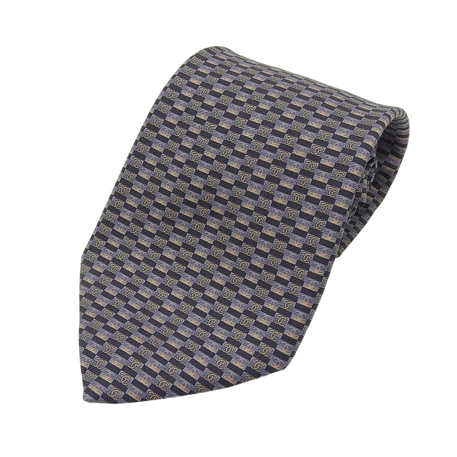 Pristine CHANEL tie COCO MarkPattern all-over print black silk mens Used