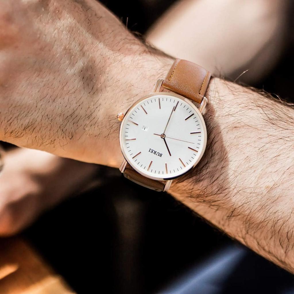 BUREI Men's Leather Analog Watch Waterproof Stylish Business Casual Wristwatch