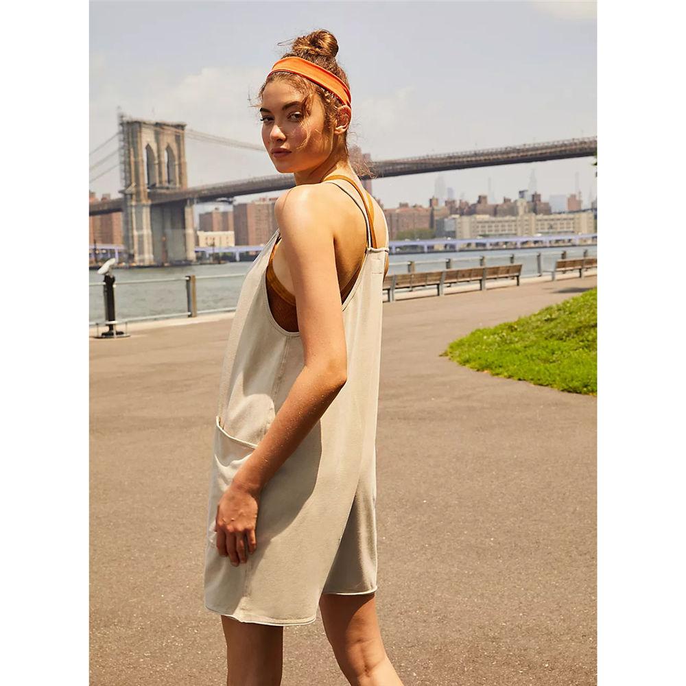 Women Shorts Summer Plain Relaxed Non-Adjustable Back Strap Pants Pocket Suspen Der Knit Jumpsuit