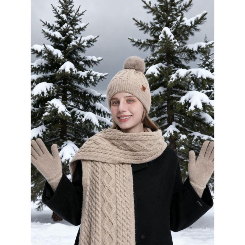 

Hat Scarf Gloves Three Piece Set Winter Outdoor Velvet Warm Ear Protection Knitted Hat 54-60 бежевый