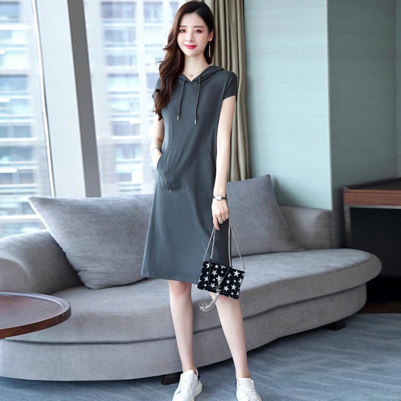 Women's Summer 2025 Korean Style Hooded Midi Dress: Short-Sleeved, Loose-Fit T-Shirt Fashion