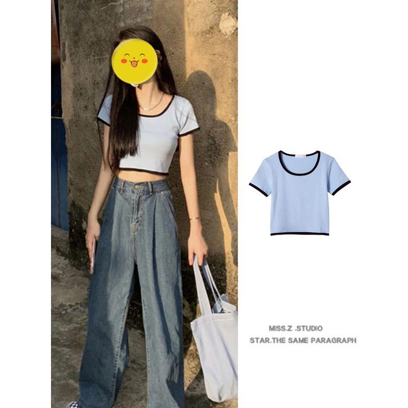 

Yu Shuxin Jin Zhini Jennie Same Style Pure Color Shoulder Short-Sleeved T-shirt Women s Top Bottoming Shirt 2025 Spring New Light blue L