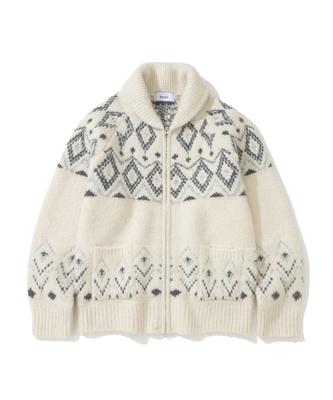 Knitted Bulky Wool Diamond Zip-Up Ivory