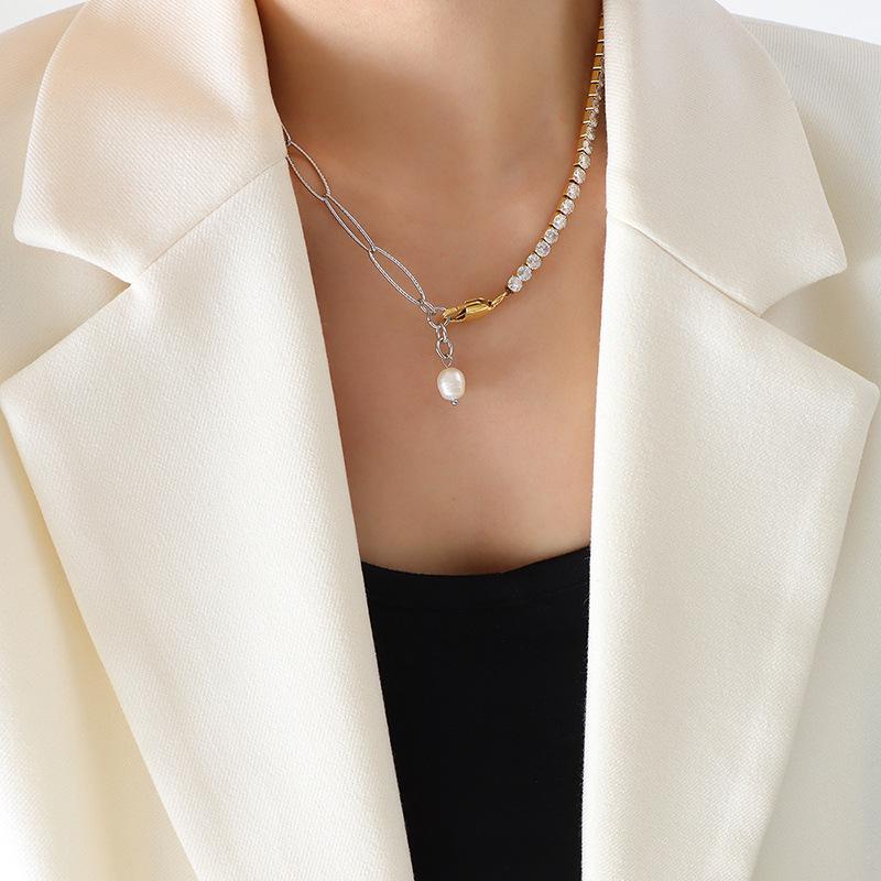 Cross Chain Inlaid Zircon Freshwater Pearl Pendant Necklace - Niche Design, Non-fading Clavicle Chain