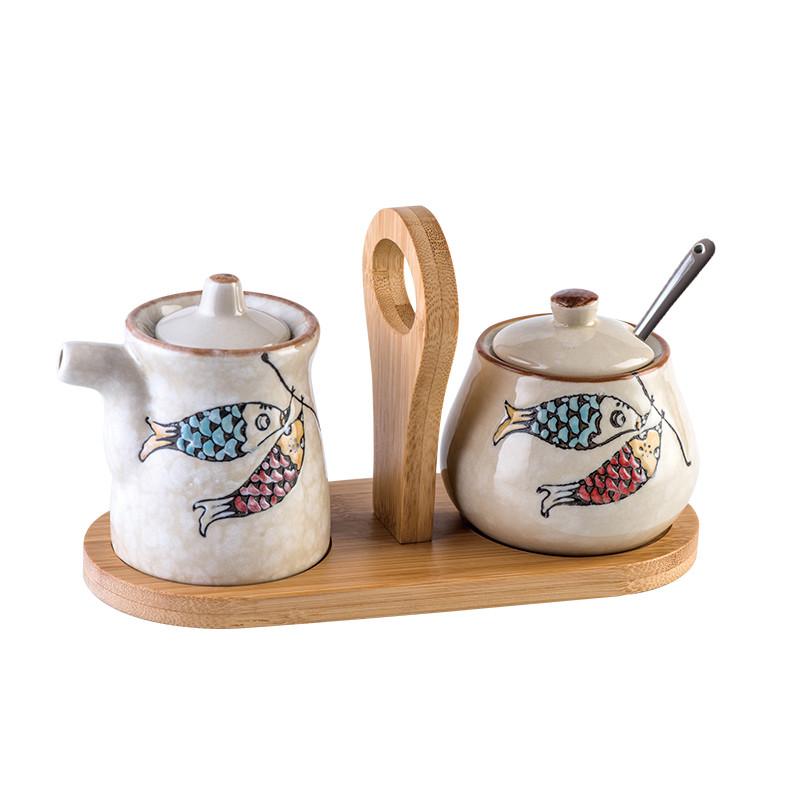 Creative Hand-painted Ceramic Seasoning Jar Set Soy Sauce Pot Kitchen Salt Sugar Pepper Storage Jar Home Condiment Spice Jar