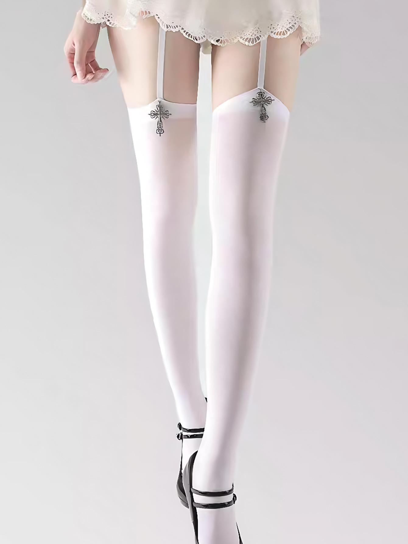 

1 Pc Valentine S Day Women S Cross Decor Gartered Thigh-High Socks, Punk Subculture E-Girl Style Slimming Long Socks One Size