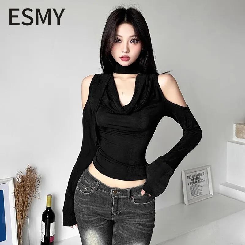 

American Hot Girl Sexy Off-shoulder Long-sleeved T-shirt for Women Slimming Design Navel-baring New Versatile Short Top XL чорний