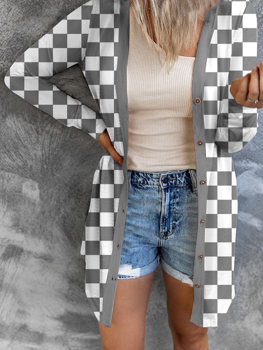 Осень Зима Новый Женский Длинный Клетчатый Вязаный Кардиган Свободное Пальто S