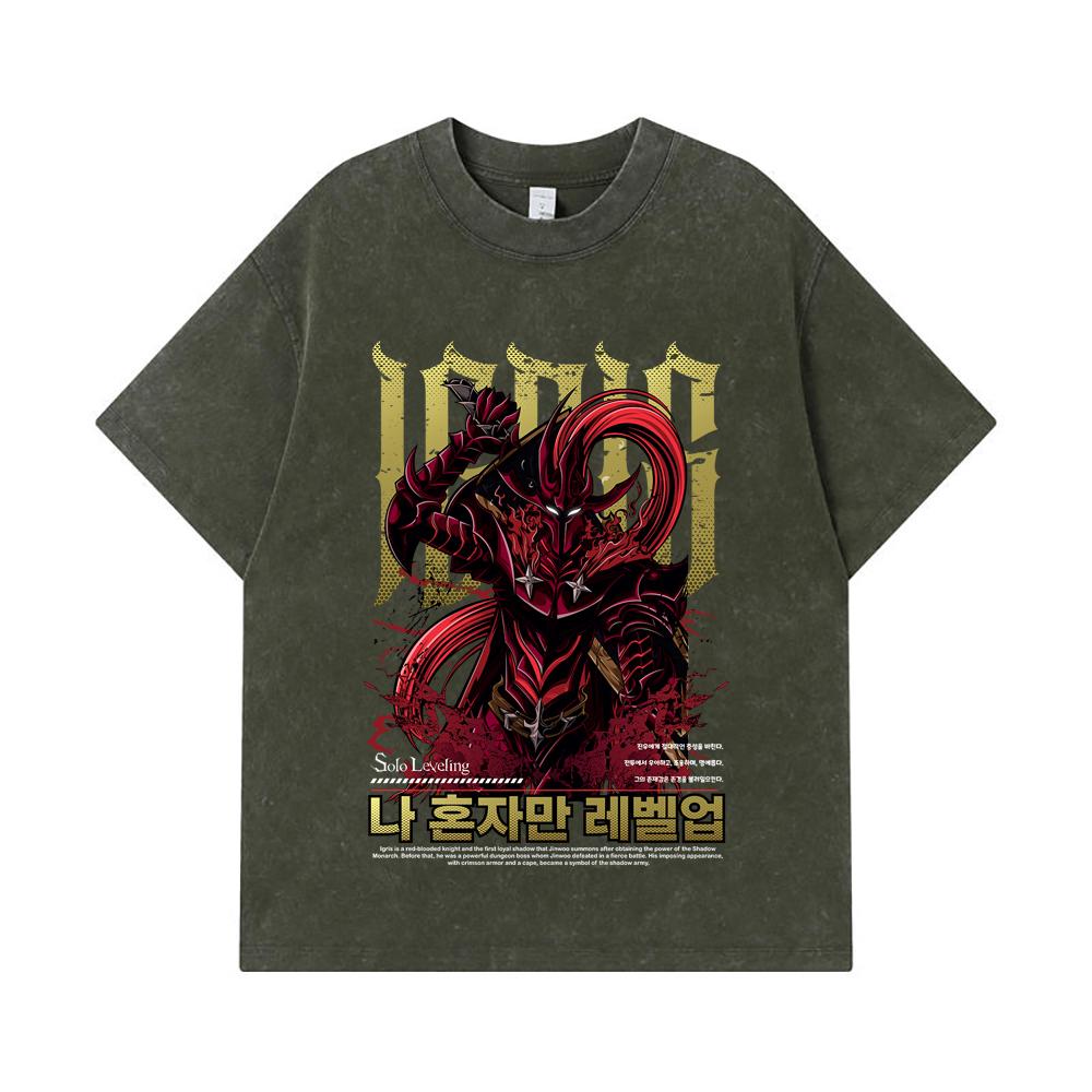 275 GSM Washed T-shirts 100% Cotton Solo Leveling V12 Igris Print Unisex Heavy Cotton T Shirt S