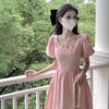 Pink Bubble Sleeve Small Dress Women's Summer New Waist First Love Dress Coffee Break French Long Skirt