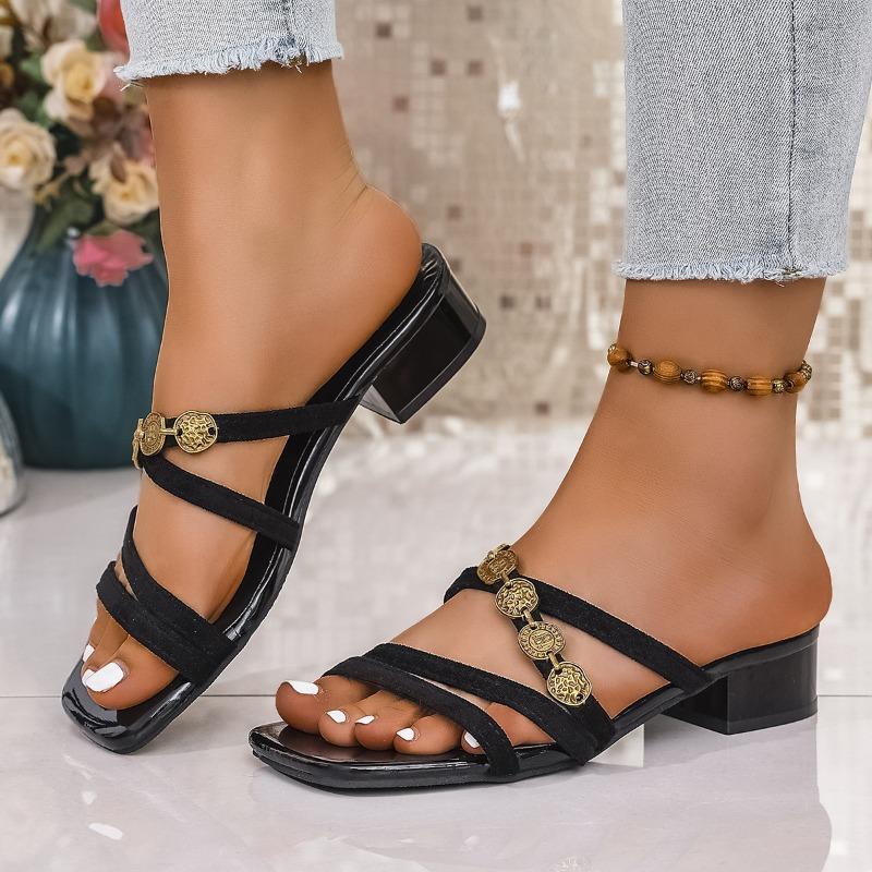 Coarse-heeled sandals women's new square-headed open-toed buttons with thin straps and women's cool slippers