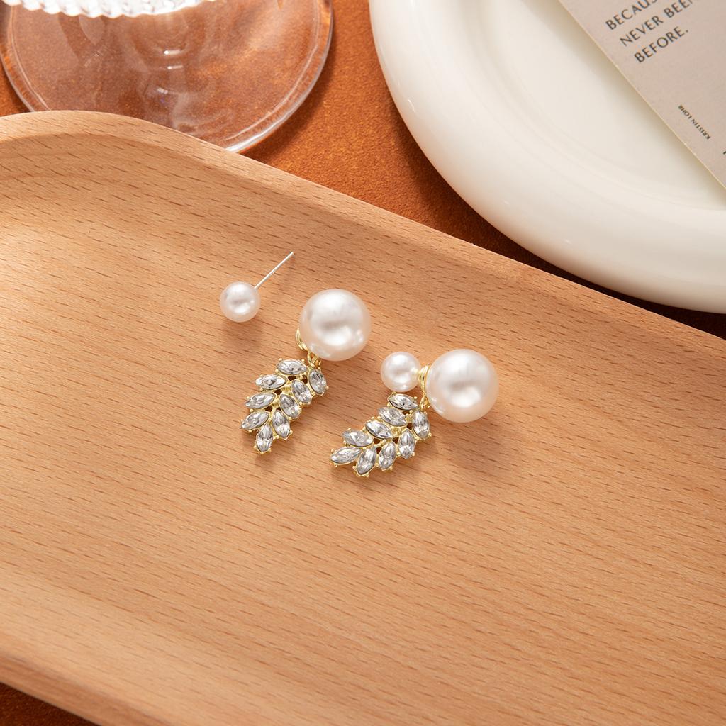 High-End Pearl Stud Earrings, Light Luxury Super Flash Diamond-Set Wheat Earrings Design Sense Dual-Purpose Earrings Women