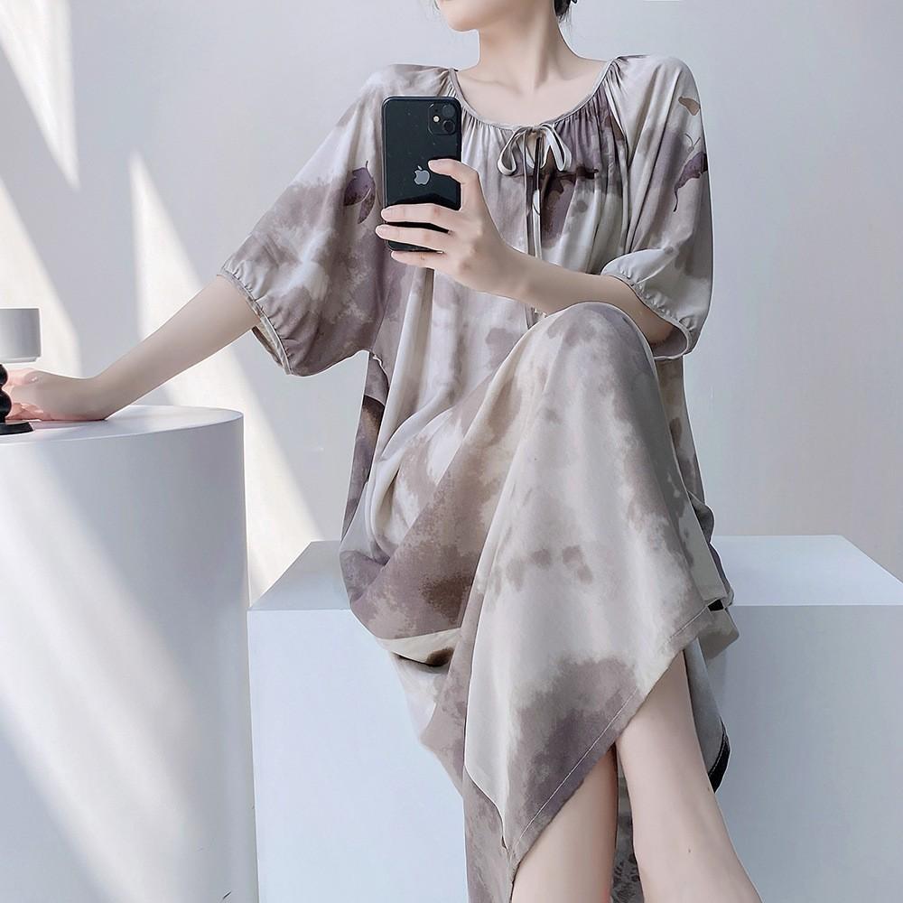 1011 new cotton silk nightdress women's spring thin high-end sweet wind printing knee-length skirt can be worn outside