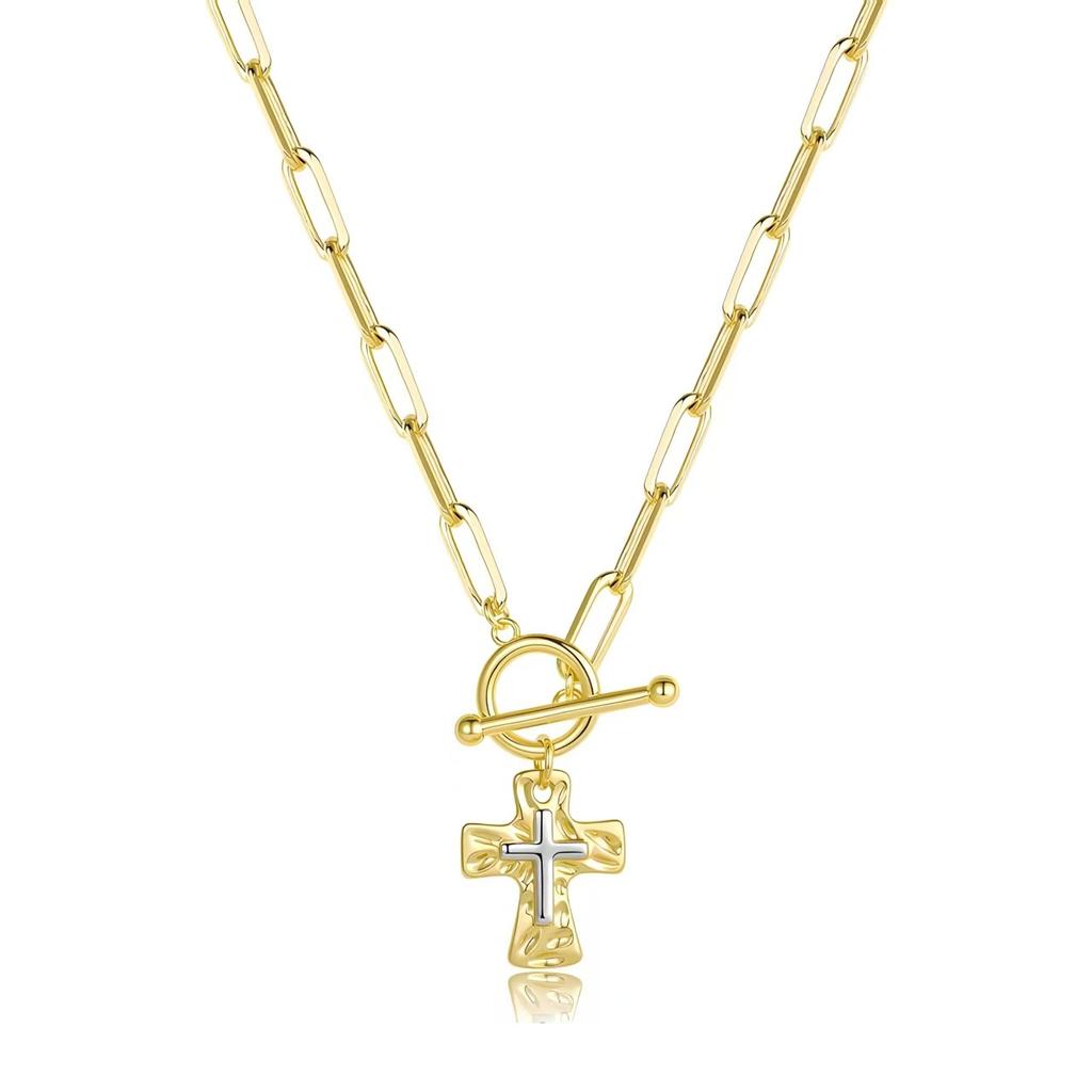 1PC Retro Boho Cross Pendant Necklace Chunky Statement Pendant Necklace for Women Unique Silvery Golden Chain Necklace Religious Christian Cross