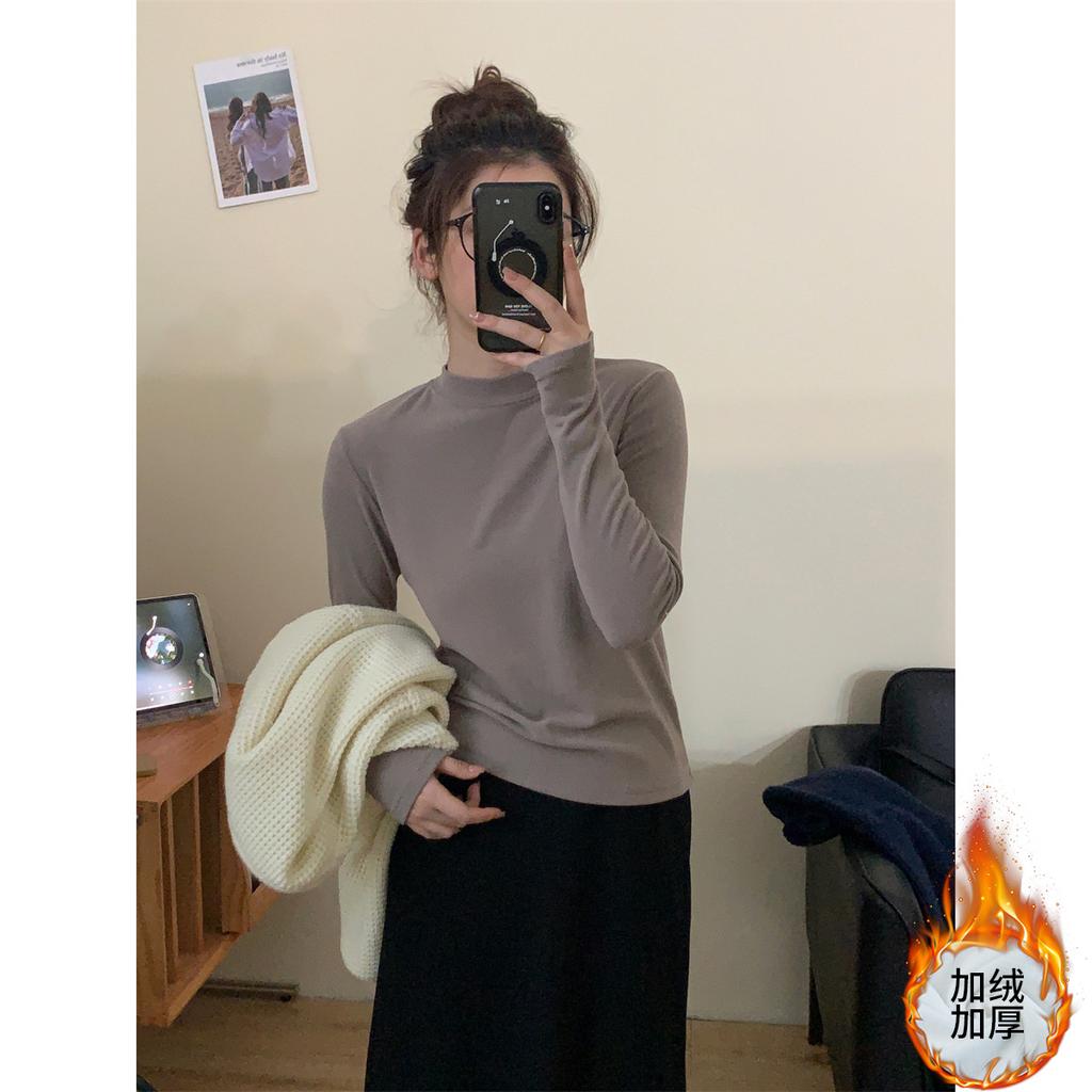 Small Stand Collar Cashmere Undercoat Women's Wear with Autumn and Winter White Long-sleeved T-shirt Slim Fit Plus Cashmere Frosted Solid Color Blouse