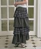 The Green Lab Tiered Long Skirt With Cancan Check [Charcoal Gray Check]