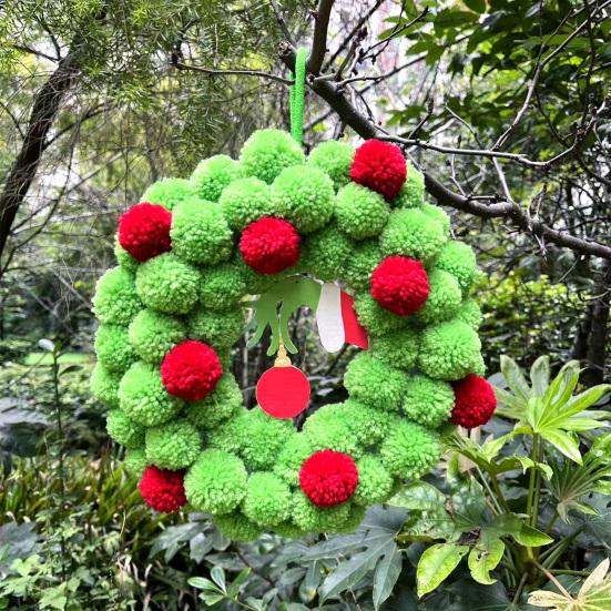13 Inch Christmas Green Elf Wreath for Front Door Plush Pompom Ball Wreath with Wooden