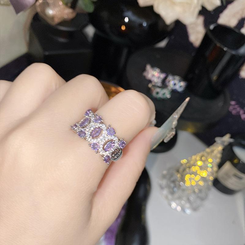 2026 Fashion Trend, Plated with 18K Gold, Dark Purple Zirconium Bright Personality Niche Index Finger Ring Resizable