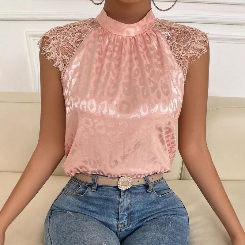New Fashion Women s Summer Shirt Leopard Print Half Turtle Collar Shirt Lace Sleeve Pullover S розовый