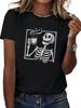 Women's Comfort Fit T-Shirt Cheerful Skeleton with Coffee Mug Graphic Printed Royal  Casual Round Neck Tee for Casual Attire
