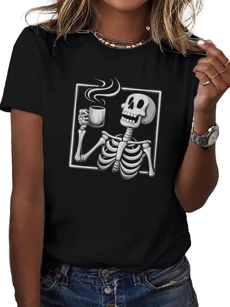 Women's Comfort Fit T-Shirt Cheerful Skeleton with Coffee Mug Graphic Printed Royal Casual Round Neck Tee for Casual Attire